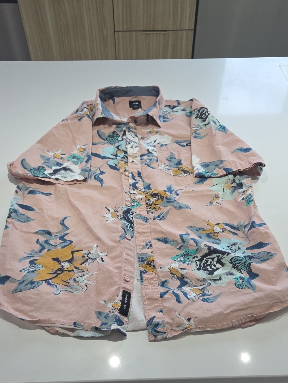 Vans Pink Floral Short-Sleeve Button-Down Shirt with Blue and Yellow Accents